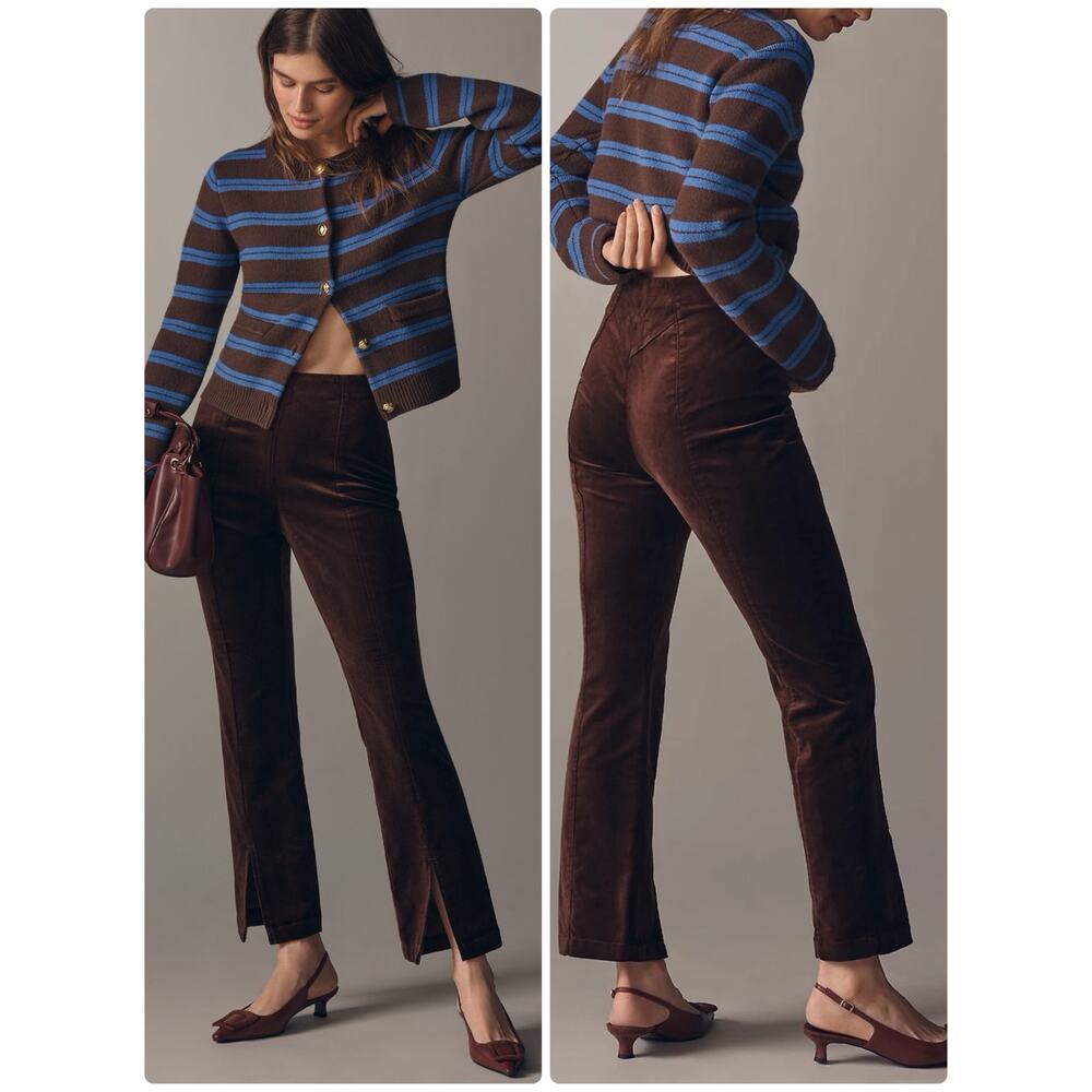 Maeve High Rise Split Front Velvet Skinny Pants Brown Holiday Party Stretch Sz M - Picture 1 of 14